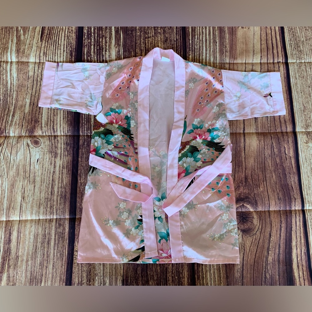 Unbranded Girl's 3/4 Sleeve Floral Pink Silky Belted Lightweight Robe Sz: 4